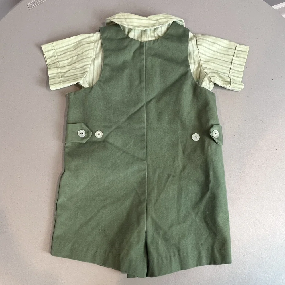 Vtg Baby Toddler Boys 2 Pc Outfit Master Mort of Miami Green Overalls Shirt